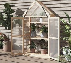 a house shaped greenhouse with potted plants on the outside and inside, in front of a wooden wall