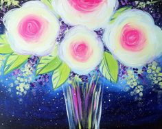 a painting of white and pink flowers in a vase on a blue background with stars