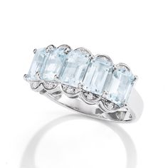 Ross-Simons - 2.45ct t. w. Aquamarine Ring, Diamond Accents in Silver. Size 5. Dazzling, dreamy and divine, this gemstone ring features 2.45 ct. t. w. aquamarine baguettes and sparkling diamond accents. Set in polished sterling silver, this wonderful band-style design has the statement-making presence to light up your looks. 3/8" wide. Aquamarine ring. Aquamarine birthstones are the perfect gift for March birthdays. March Birthdays, Aquamarine Birthstone, March Birthday, Sparkling Diamond, Aquamarine Ring, Ring With Diamond, Aquamarine Rings, Ring Diamond, Sparkle Diamonds