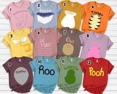 a group of children's t - shirts with the names and numbers on them