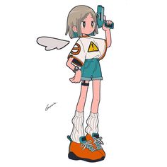 an anime character holding a phone up to her ear and wearing blue shorts with orange shoes