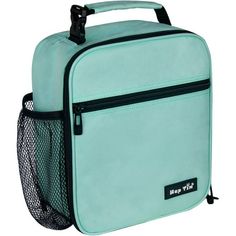 an aqua colored lunch bag with mesh pocket