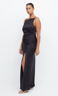 Best selling, high neck maxi dress featuring a flattering tuck detail that cinches in the waist and creates a feminine silhouette. Dress is accessed through an invisible side zipper. High Neck Maxi Dress, Silhouette Dress, Australian Fashion Designers, Satin Dress Long, Leg Split, Bec & Bridge, Black Bridesmaid Dresses, Maxi Dress Prom, Bridal Party Dresses