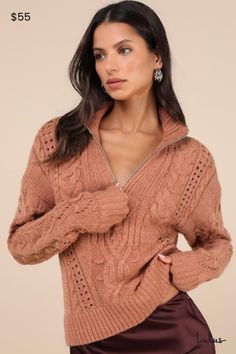 You won't be able to stop dreaming about cuddling up this season in the Lulus Stylish Forecast Brown Cable Knit Quarter-Zip Pullover Sweater! This timeless, cable knit sweater (with pierced details throughout) features a polo-inspired collared neckline and long sleeves with drop shoulders. A quarter-length zipper adorns the front of the ultra-cozy, relax-fit bodice to complete the look. Contrasting ribbed knit accents the neckline, cuffs, and hem. Fit: This garment fits true to size. Length: Siz Brown Chenille Sweater, Stop Dreaming, Cable Sweater, Cable Knit Sweater, Quarter Zip Pullover, Knitted Pullover Sweaters, Fitted Bodice, Knitted Pullover, Pullover Sweater