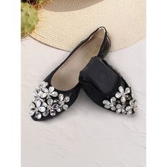 Category:Flats; Upper Materials:Faux Leather; Embellishment:Crystal; Heel Type:Flat Heel; Gender:Women's; Style:Vacation,Bohemia,Cute,Elegant; Outsole Materials:TPR; Occasion:Vacation,Wedding,Daily,Beach; Closure Type:Loafer; Pattern:Floral; Listing Date:07/25/2024; 2024 Trends:Ladies Shoes Valentines Gifts; Heel Height(inch):0.59 Black Flats With Rhinestones And Round Toe, Black Rhinestone Round Toe Flats, Black Rhinestone-embellished Round Toe Flats, Party Flats With Rhinestones, Evening Flats With Rhinestones And Round Toe, Spring Rhinestone Flats With Round Toe, Formal Closed Toe Flats With Rhinestones, Spring Formal Flats With Rhinestones, Elegant Black Flats With Rhinestones