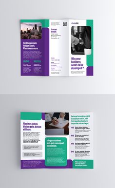 two fold brochure templates with purple and green accents