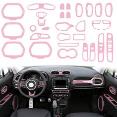 the interior of a car with pink trims and steering wheel stickers on it