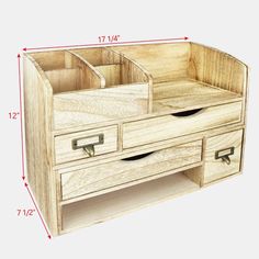 a wooden drawer with two drawers and one open drawer on the bottom, showing measurements for each drawer