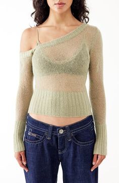 Light, airy yarn makes this asymmetric sweater a meshlike, modern option for all your layering needs. Exclusive retailer Asymmetric neck Long sleeves Sheer; base layer shown not included 54% acrylic, 45% nylon, 1% elastane Machine wash, dry flat Imported Asymmetric Sweater, Open Stitch Sweater, Stitch Sweater, Asymmetrical Sweater, Bdg Urban Outfitters, Fabric Gift Bags, Fabric Gifts, Free Fabric, Base Layer