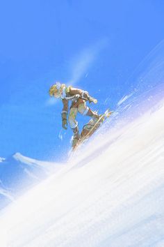 a man riding a snowboard down the side of a snow covered slope on a sunny day