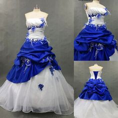 a blue and white wedding dress with flowers on the bustle, in three different views