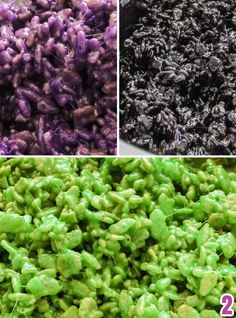 three pictures show different types of purple and green food