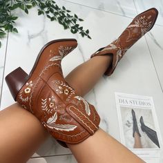 🤍Faster shipping on Diastudios.co.uk  Brown Cowboy Boots with embroidered detail Sizes 2 - 11 available (UK sizing) 🤍If you love these, check out my website, for discounts and new items: (Faster delivery for UK orders also available) diastudios.co.uk  🤍Discount code: 'NEWBIE' Western Style Booties For Rodeo And Spring, Western Style Booties For Rodeo In Fall, Fall Ankle Boot Booties For Rodeo, Brown Ankle Chelsea Boots For Spring, Western Snip Toe Booties For Fall, Brown Martin Boots Medium Width For Spring, Brown Martin Boots With Medium Width For Spring, Brown Martin Boots For Spring, Western Style Chelsea Ankle Boots For Spring