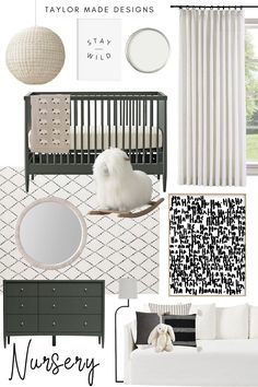 a baby's nursery with black and white decor, including a crib, dresser,