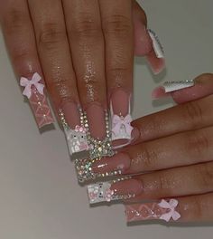 Y2k Bling Nails, Ribbon Bouquets, Quinceanera Nails, Gel Acrylic Nails, Nails Now, Pretty Nail Designs