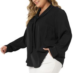 This shirt top in long sleeves, tie v-neck, button cuff, and round hem design brings vintage chic to any look in beauty. Solid color chic enlivens this breezy top that influences your daily time. Relax into the casual ease of these elegant ladies' blouses that are charming with a bow tie v-neck to complement every simple and stylish outlook. It is very suitable for daily wear. It is also suitable for work, casual, coffee time and vacation, etc. Chic Solid Color V-neck Shirt, Elegant Black V-neck Long Sleeve Top, Chic Tie Sleeves Button-up Tops, Chic Solid V-neck Long Sleeve Top, Chic Button-up Top With Tie Sleeves, Casual Long Sleeve Shirt With Tie Sleeves, Chic Long Sleeve Solid Shirt, Chic Solid Long Sleeve Shirt, Fall Tie Neck Blouse With Tie Sleeves