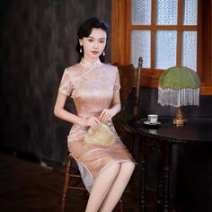 Qipao Details: Material: 19 mome mulberry silk (19 姆米重磅真絲) Mulberry silk is "the second skin of the human body", which feels soft, and smooth. High lights: Fully lined Qipao, hand warping, and hand-made Pankou Number of layers: Double layer Thickness: Moderate thickness Elasticity: Slightly elastic Occasions: Events, meetings, and special occasions Size Chart: (Scroll to the side for the full chart) If any part of your body especially the busts or hips at the upper end of the size range then ple Elegant Summer Dress For Tea Ceremony, Fitted Summer Cheongsam For Tea Ceremony, Fitted Cheongsam For Summer Tea Ceremony, Summer Fitted Cheongsam For Tea Ceremony, Pink Cheongsam For Spring Party, Summer Tea Ceremony Fitted Cheongsam, Elegant Summer Fitted Cheongsam, Summer Elegant Fitted Cheongsam, Elegant Fitted Summer Cheongsam