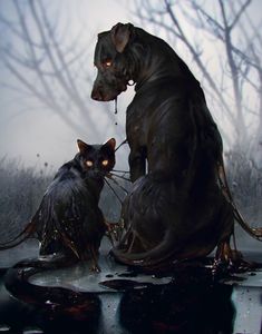 two black dogs with glowing eyes sitting in the rain