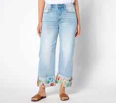 Chill all summer long in the Charlee. These flattering zip-front jeans keep things casual with a wide cuffed hem and ankle-bearing length while the blooming boho embroidery's got all the boutique feels. From Driftwood. Summer Embroidered Wide Leg Jeans, Bohemian Medium Wash Jeans For Spring, Bohemian Summer Jeans With Frayed Hem, Bohemian Bottoms With Frayed Hem For Spring, Bohemian Light Wash Bottoms For Spring, Bohemian Spring Bottoms With Frayed Hem, Bohemian Style Light Wash Bottoms For Spring, Bohemian Straight Leg Summer Jeans, Bohemian Straight Leg Jeans For Summer