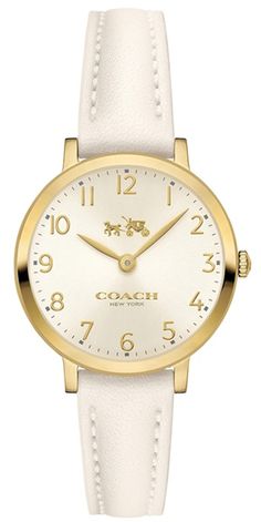 Coach 14502564 Ultra Slim Beige Dial White Leather Strap Women's Watch CONDITION: New With Defects Minor nicks on Bezel and Case Comes with box and papers (Box might be slightly damaged or scratched) Watch Information: Gender: Women's Case Size: 28mm Dial Color: Beige Material Case: Gold Tone Stainless Steel Material Band: Leather Diamonds: n/a Movement: Analog Quartz Water Resist: 30 Meters Water Resistant Features: Analog   Additional Info: Packaging: Coach Box & Papers Classic Gold Coach Watch, Coach Gold Watch For Gift, Coach Gold Watch As A Gift, Coach Gold Watch As Gift, Goal Aesthetic, Customs Clearance, Women's Watch, Stainless Steel Material, Steel Material