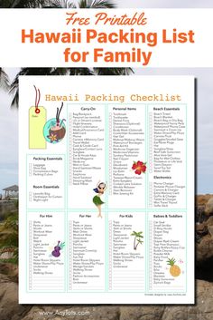 the hawaii packing list for family with text overlay that reads free printable hawaiian packing list for family