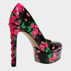 Floral Platform Pump With Lace-Up Ribbon On The Back Heel Synthetic Lining Synthetic Sole 5 Inch Heel Height 1.25 Inch Platform Height Imported Style Name: Bonnee Brand New In Box Feminine Pink Lace-up Heels, Pink Floral Print Heels For Formal Occasions, Pink Lace-up Heels For Formal Occasions, Fitted Pink Floral Heels, Fitted Pink Floral Print Heels, Pink 4-inch Heel Lace-up Heels, Pink Lace-up Heels With 4-inch Heel, Pink Pointed Toe Heels With Floral Print, Pink Floral Print Pointed Toe Heels