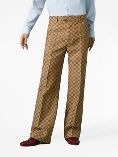 Gucci GG Monogram straight-leg Trousers - Farfetch Gucci Cotton Trousers, Gucci Cotton Pants With Pockets, Designer Fitted Bottoms With Belt Loops, Luxury Cotton Bottoms For Workwear, Luxury Cotton Bottoms For Work, Luxury Cotton Workwear Bottoms, Gucci Formal Pants, Luxury Cotton Pants, Gucci Straight Leg Work Bottoms