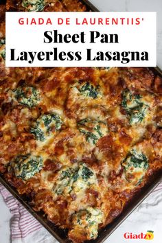 Lasagna made on a large sheet pan with dollops of a ricotta cheese and spinach mixture throughout. Sheet Pan Layerless Lasagna Giada, Giada’s Crispy Sheet Pan Lasagna, Giada Crispy Sheet Pan Lasagna, Giadas Lasagna Recipe, Giada Sheetpan Layerless Lasagna, Giada Lasagna Sheet Pan, Giada De Laurentiis Sheet Pan Lasagna, Lasagna Giada De Laurentiis, Crispy Lasagna Sheet Pan