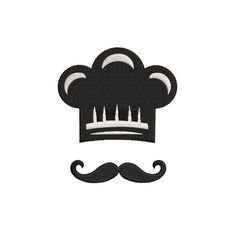 a chef's hat with mustaches on the front and bottom, embroidered onto it