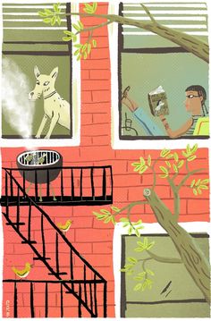 an illustration of a man sitting in a window looking out the window at a dog