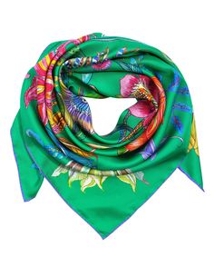 In vibrant colors and stunning floral print, this new arrival will soon be your favorite accent that will instantly elevate any outfit. Dimensions: 35 in. x 35 in.Materials: 100% Silk Made in: China Luxury Multicolor Silk Scarf For Spring, Luxury Floral Print Silk Scarf For Spring, Elegant Green Floral Print Silk Scarf, Elegant Green Floral Silk Scarf, Designer Multicolor Silk Scarves, Summer Silk Scarf With Satin Finish, Luxury Multicolor Scarf For Spring, Luxury Silk Floral Print Scarves, Multicolor Silk Scarves