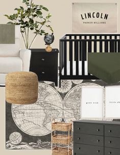 a baby's room with black and white furniture, green accents, and a map on the wall