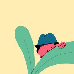 a person hiding behind a green leaf with a blue hat on their head and one hand in the other's pocket