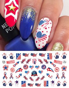 Nails With Stickers, Patriotic Nail, America Nails, Acrylic Nail Powder, Work Stickers, Love America, 4th Of July Nails