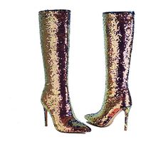 Tara Mermaid Sequin Knee High Boots - 8 Colors. Sexy stiletto knee hight slouchy boots with stunning sequins. Colorful, light reflectively glitters just like the mermaid scales. Seriously beautiful. Handmade. 10 cm heels. Comes with two lining options - regular or plush for winter Gender: Women Item Type: Boots, Knee High Boots Material: Sequined Cloth Toe Shape: Pointed Toe Lining Material: Microfiber / Short Plush Heel Height: 10 cm Closure Type: ZIP SIZE CHART Size Heel to Toe 36 23 cm 37 23. The Mermaid Scales, Ivory Heels Wedding, Sequin Sandals, Ivory Pumps, Sequin Boots, Popular Boots, Boot Bling, Boots Knee High, Mermaid Sequin