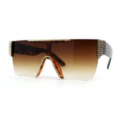 Retro throwback to 90s luxury gangster fashion, these timeless classic iconic hip hop rapper shades will bring back a hard edge to your look! Made with premium quality rhinestones, and oversized rimless rectangle shield silhouette plastic frame base to bring you the perfect combination of luxury and elegance. Made with composite plastic based frame, reinforced metal hinges, and 100% UV protected lenses. (a804) Lens Width: 58mm Bridge Width: 19mm Temple Length: 143mm Lens Height: 53mm Size: 5 3/4 Rectangular Brown Sunglasses For Party, Brown Rectangular Sunglasses For Party, 90s Luxury, Rhinestone Flats, Metal Hinges, Rimless Sunglasses, Prada Sunglasses, Trending Sunglasses, Flats Top