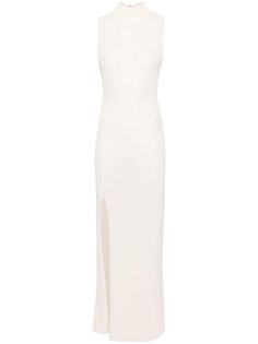 Chic White Full-length Dress, Spring High Neck Maxi Dress With Side Slits, Sleeveless Beige Maxi Dress With Side Slits, Elegant White High Neck Maxi Dress, Beige Maxi Dress With Side Slits, White High Neck Maxi Dress For Spring, Chic High Neck Maxi Dress With Side Slits, Chic Beige Maxi Dress With Side Slits, White Tight Dresses