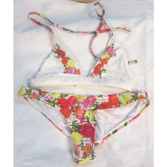 Pilyq White Floral Bikini Swim Set Color: White Red Green Pink Yellow Size: Small Cheeky Bottoms Triangle Top Hand Wash This Is A Sample Aesthetic Swimsuit, Swim Sets, Triangle Top, Cheeky Bikinis, Beach Outfit, Pink Yellow, Womens Swim, Red Green, Bathing Suits