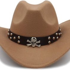 Camel, Light Brown, Western Skull Cowboy, Cowgirl Hat, Men Women Retro Wide Brim Casual Beige Felt Hat For Rodeo, Casual Beige Hat Bands For Western-themed Events, Casual Beige Hats For Western-themed Events, Casual Beige Hat Band For Western-themed Events, Timberland Beanie, Western Skull, Skull Cowboy, Pink Bucket Hat, Love Your Melon Beanie