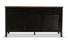 the sideboard is made out of wood and has shutters on one door, two drawers