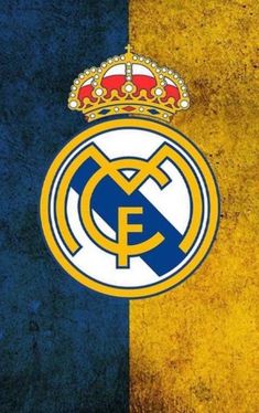 the real madrid logo is shown in front of a blue and yellow striped wallpaper