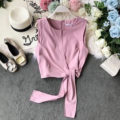 Cute round neck sleeveless top Material: blended Color: white, yellow, red, blue, pink Size(cm): free size length 45 bust 96 Red Blue, Free Size, Sleeveless Top, Round Neck, Color White, Rompers, Lace Up, Solid Color, Yellow