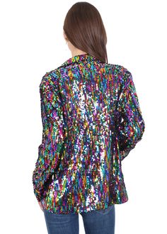 Feel confident and look fabulous in this stunning sequined sparkle Open Front Party Blazer. This dazzling jacket features a unique sequin detail, an open-front design, and velvet detailing for a standout look. Perfect for any formal event or a night on the town. Fabric Type: 100% Polyester Care Instructions: Hand Wash Only Holiday Party Long Sleeve Blazer, Spring Party Blazer With Long Sleeves, Glamorous Fall Party Blazer, Long Sleeve Spring Party Blazer, Long Sleeve Spring Blazer For Parties, Glitter Long Sleeve Party Outerwear, Glamorous Contrast Sequin Fabric For Fall, Glitter Long Sleeve Outerwear For Party, Glamorous Multicolor Sequin Fabric For Party