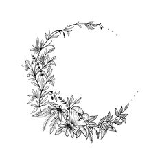 a black and white drawing of a flower wreath