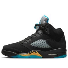 Get ready for a street-style icon that just got hit with a splash of color. The Air Jordan 5 Retro Aqua is the perfect mix of classic style and modern flair to keep your look fresh and popping. Featuring a black nubuck upper, black midsole, white air unit, yellow sharkstooth detail and aqua blue splatter overlay, this shoe is sure to up your sneaker game no matter what the occasion. With a fabric sock lining and translucent aqua outsole for added cushioning and comfort, go ahead and take your footwear style to the next level. DD0587-047 (AJ5/SNKR/Men's/Mid Top/Basketball) Casual Fitted Black Sneakers, Fitted Black Casual Sneakers, Retro Basketball Shoes, Jordan 5 Retro, Air Jordan 5 Retro, Air Jordan 5, Sneaker Games, Mid Top, Jordan 5