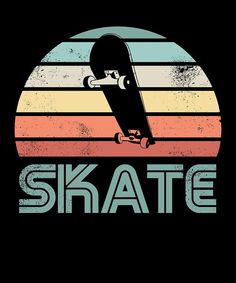 a skateboarder is riding on the board in front of an orange and blue sunset