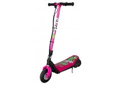 the pink scooter is on display against a white background