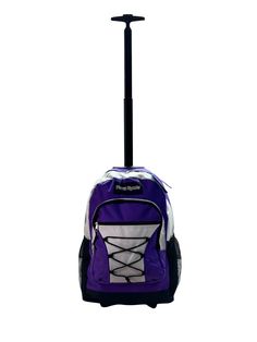 a purple and white backpack on wheels