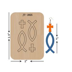 the wooden earrings are designed to look like fish and cross symbols, with blue ribbon on each side