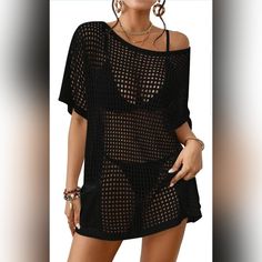 One Size Crochet Cover Ups For Swimwear Women Fits Us Size S, M, L Length: 28" Sleeve Length: 13" The Crochet Swim Cover Up Is Comfortable To The Touch, Soft And Skin-Friendly, Giving You A Relaxed And Breathable Wearing Experience, Ideal For Sunny Beach Days. The Knit Beach Cover Up With A Wide Neckline, And You Can Wear It On One Shoulder For Looks Sexier, Or Up. The Hollow-Out Design Gives You A Breezy And Cool Feel And Increases The Trendy Style. Whether You're Soaking Up The Sun On A Sandy Black Stretch Cover-up For Beach Season, Casual Black Poolside Cover-up, Beachy Black Cover-up For Beach Season, Open Knit Beachwear Swimwear For Summer, Beachy Open Knit Swimwear For Beach Season, Beach Tops With Hollow Out Design And Stretch, Beach Tops With Hollow Out Design, Casual Open Knit Swimwear For Beach, Casual Open Knit Swimwear For Vacation